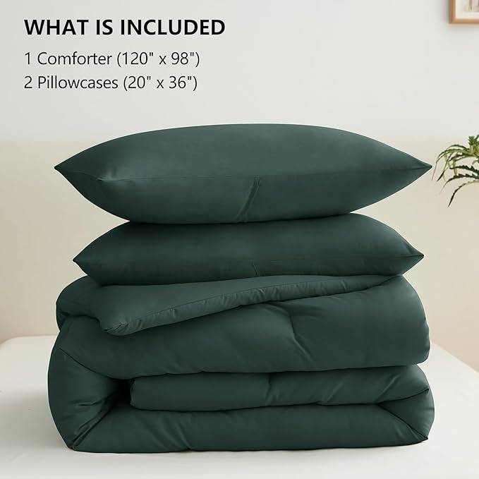 CozyLux Oversized King Comforter Set Forest Green, 3 Pieces 120x98 Solid Breathable Quilted Bedding Sets All Seasons, Luxury Soft Lightweight Bed Set with Down Alternative Comforter and 2 Pillowcases