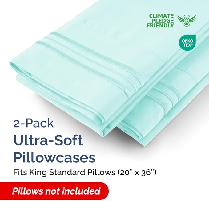 King Standard Pillow Cases Set of 2 - Soft Hotel Quality Pillowcase Covers - Comfy, Cozy and Fade Free - Wrinkle Resistant - Machine Washable Pillow Protectors - 2 Piece Set - King Standard Spa Blue