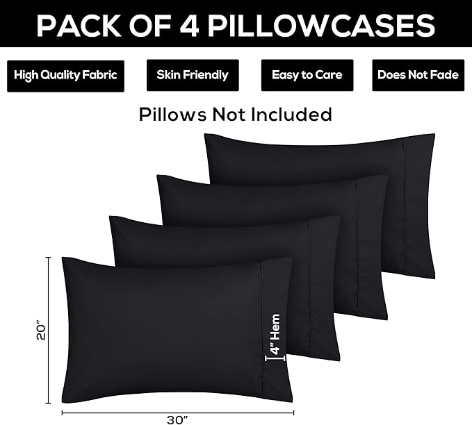 Utopia Bedding Queen Pillow Cases - 4 Pack - Envelope Closure - Soft Brushed Microfiber Fabric - Shrinkage and Fade Resistant Pillow Covers Queen Size 20 X 30 Inches (Queen, Black)