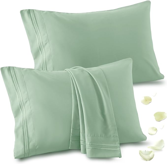 Vonty 2 Pack Queen Pillow Cases - 20x30 Inch, 1800 Thread Count Microfiber Pillowcases Queen Size Sage Green Pillow Cases Luxury & Soft Embroidered Bed Pillow Covers with Envelope Closure