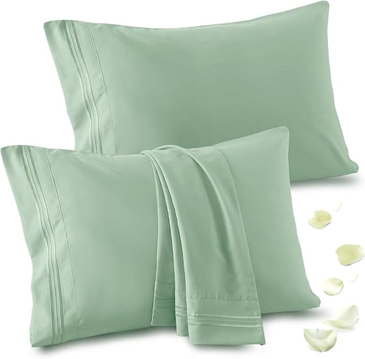 Vonty 2 Pack Standard Pillow Cases - 20x26 Inch, 1800 Thread Count Microfiber Pillowcases Standard Size Sage Green Pillow Cases Luxury & Soft Embroidered Bed Pillow Covers with Envelope Closure