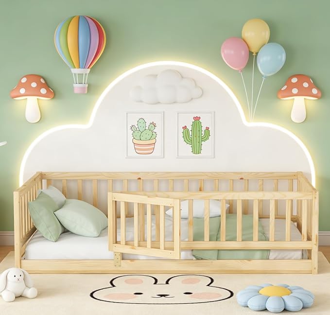 Bellemave Twin Size Montessori Floor Bed with 21.5" High Rails and Slats, Pine,Plywood Floor Bed with Small Door, Natural