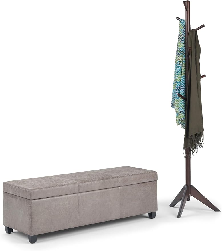 SIMPLIHOME Avalon Storage Ottoman Bench - 48" Wide x 16" High Upholstered Vegan Leather Rectangular Lift-Top Ottoman in Distressed Grey Taupe, Contemporary Bench for Living Room with High-Density Foam