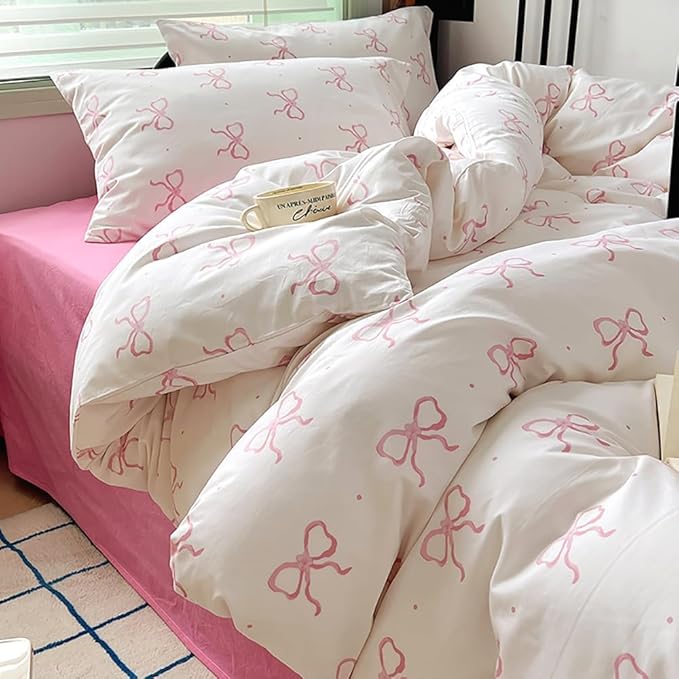 Nayoroom Pink Bow Duvet Cover Full Size Polka Dot Bowknot Coquette Duvet Cover 3 Pieces Soft Lightweight Microfiber Girls Cute Aesthetic Dorm Bedding Set