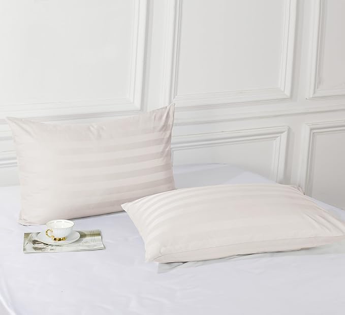 100% Egyptian Cotton Toddler Pillowcases Set of 2, 400 Thread Count Sateen Weave Small Pillow Protectors, Super Soft Breathable Zippered Pillow Covers 13x18 Inches (Stirpe Light Beige, Toddler)