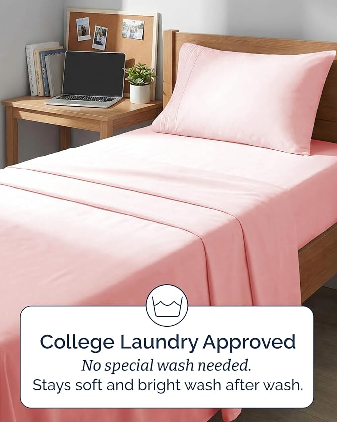Twin XL 4 Piece Sheet Set - Comfy Breathable & Cooling - Hotel Luxury Bedding for Women, Men, Kids, Teens & Children - 1 Flat & 1 Fitted Sheet & 2 Pillowcases w/ Deep Pockets, Wrinkle Free - Baby Pink