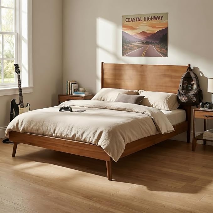 Merax Full Size Solid Wood Platform Bed, Mid-Century Modern Bed Frame with Splayed Legs, 600 lbs Weight Capacity, No Box Spring Needed, Natural
