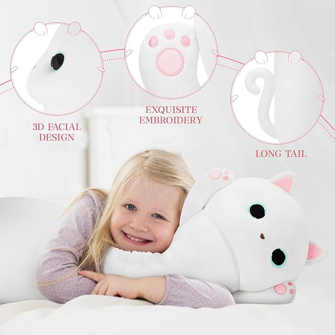 MaoGoLan Long Cat Plush Body Pillow, 44'' Giant White Glow in The Dark Cat Stuffed Animal Toy for Girl Boy Kid, Big Cute Kitty Plush Throw Pillow for Valentines Birthday Gift, Baby Shower Party Decor