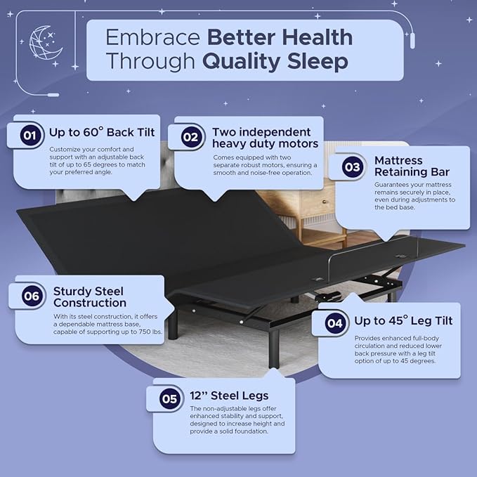 Celestial Sleep Aurora Adjustable Bed Base (Frame) + 8 inch Gel Memory Foam Mattress (Firm), Easy Assembly, Head and Foot Lift, Zero Gravity, Memory Positions, CertiPUR-US Bed - King