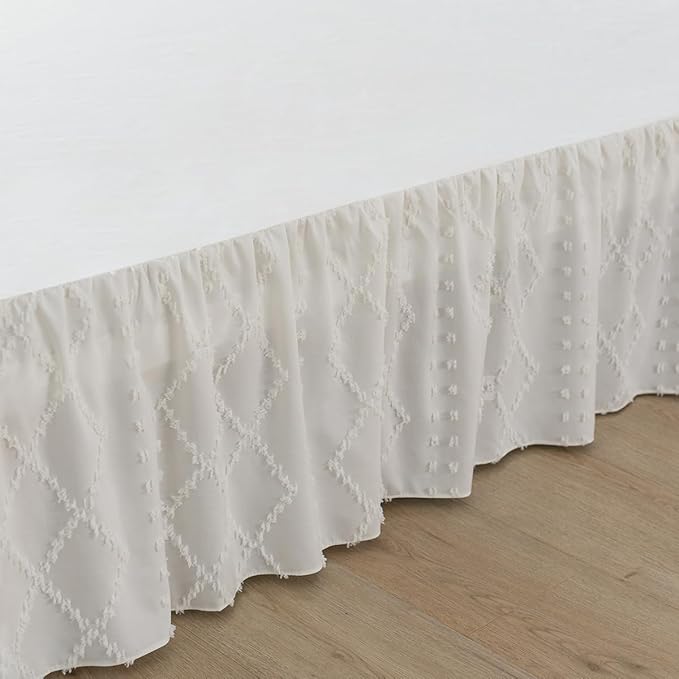 Bed Skirt Twin Size Ruffled Bed Skirt with Split Corners, 18 Inch Drop Dust Ruffle Bed Skirts with Platform, Boho Tufted Shabby Chic Full Size Bed Skirts, Ivory