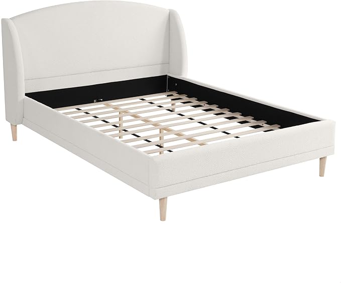 Queen Size Bouclé Upholstered Platform Bed Frame with Wingback Headboard, Rounded Corners, Modern Fabric Bed with Wood Slats Support, No Box Spring Needed, White