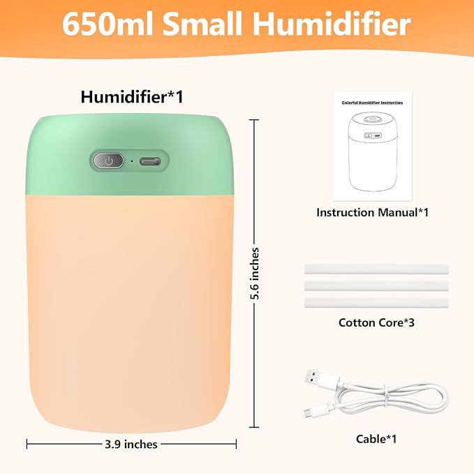 Portable Small Humidifier, 650ml Colorful Mini Humidifier for Bedroom, Office Desktop, Baby Room, Plants, Cool Mist Humidifiers(Green)