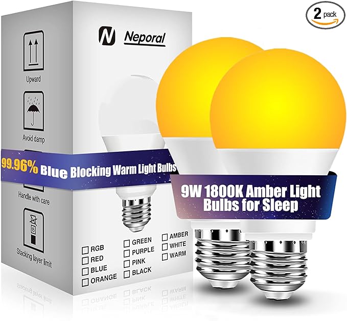 Neporal 1800K Amber Sleep Light Bulbs 2PK, 99.96% Blue Blocking Soft Warm Light Bulbs,9W 60 Watt Equivalent, A19 Amber Night Light E26 for Bedroom and Baby Nursery Light