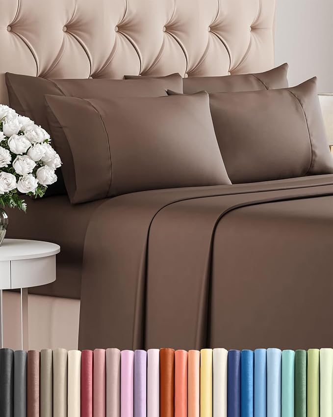 Cal King 6 Piece Sheet Set - Comfy, Breathable & Cooling - Hotel Luxury Bedding for Women, Men, Kids, Teens & Children - 1 Flat & 1 Fitted Sheet & 4 Pillowcases w/ Deep Pockets - Wrinkle Free - Brown