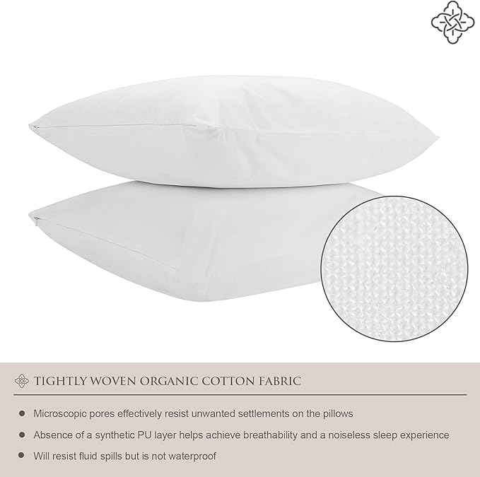 Bioweaves 100% Organic Cotton Breathable Pillow Protectors GOTS Certified with Zipped Closure – Euro, 26" x 26", 2-Pack