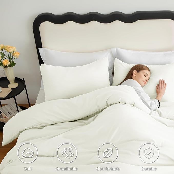 CozyLux Full Size Comforter Set Ivory, 3 Pieces Solid Breathable Quilted Bedding Sets, Luxury Lightweight Soft Bed Set with Down Alternative Comforter and 2 Pillowcases for All Seasons