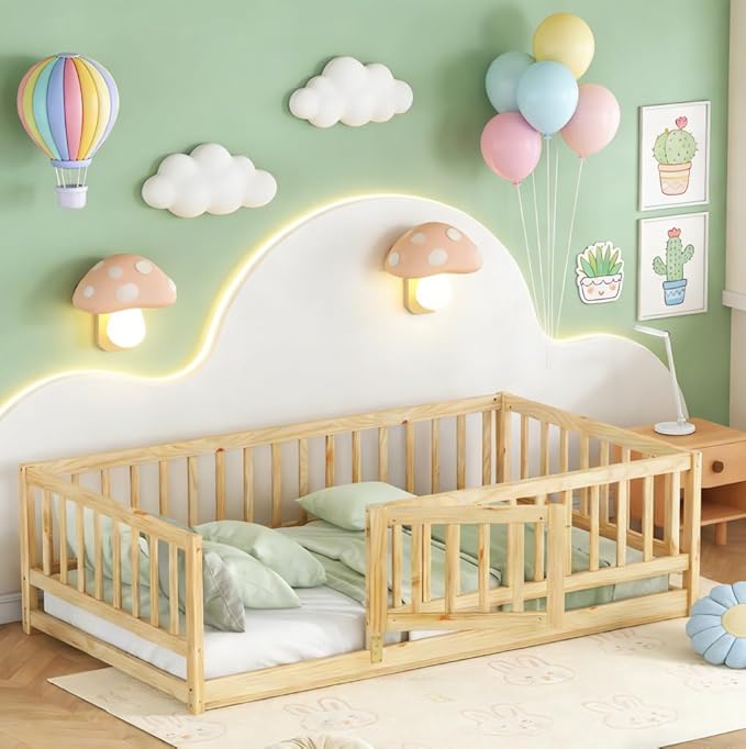 Bellemave Twin Size Montessori Floor Bed with 21.5" High Rails and Slats, Pine,Plywood Floor Bed with Small Door, Natural