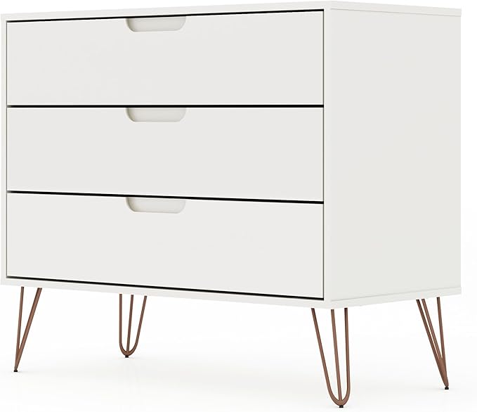 Manhattan Comfort Rockefeller 3-Drawer Dresser Set of 2, Entryway Wood Storage Cabinet, 32 Inch TV Stand Console Table, Anti Tip Kit Included for Bedroom, Nursery, Dorm, Living Room in White