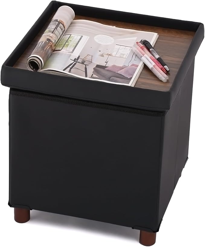 Dorriss Storage Ottoman for Living Room，Square Ottoman with Tray Bedroom Cube Foot Rest Stool with Legs Ottomans Coffee Table Lid Foldable Footstool Faxu Leather 15" Inch(Black)