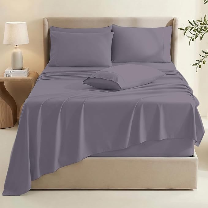 Hearth & Harbor Bed Sheets, Luxury Soft 6 Piece Bed Sheet Set Extra Deep Pocket Fitted Sheets Fits Mattress up to 21", Double Brushed Bedding Sheets & Pillowcases, Twin XL, Purplish Gray