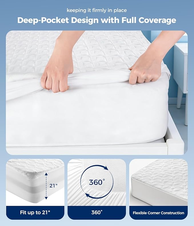 Waterproof Mattress Protector Twin Size, Soft Breathable Mattress Pad with Deep Pocket 8"-21", Noiseless 3D Air Fabric Cooling Mattress Cover for Bed, Machine Washable, White