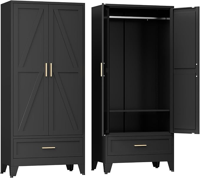COFaR Metal Wardrobe Closet with Doors, 71'' Tall Armoire Wardrobe Closet with Drawer and Hanging Rod, Freestanding Farmhouse Bedroom Armoires for Bedroom Garage Office, Black