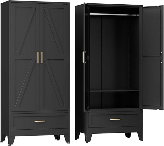 COFaR Metal Wardrobe Closet with Doors, 71'' Tall Armoire Wardrobe Closet with Drawer and Hanging Rod, Freestanding Farmhouse Bedroom Armoires for Bedroom Garage Office, Black