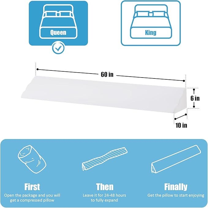 MEGCXIT Queen Bed Wedge Pillow for Headboard, 60"x10"x6", Bed Gap Filler, Headboard Pillow, Anti-Slip Gap Pillow with Side Pockets, Removable Cover, White