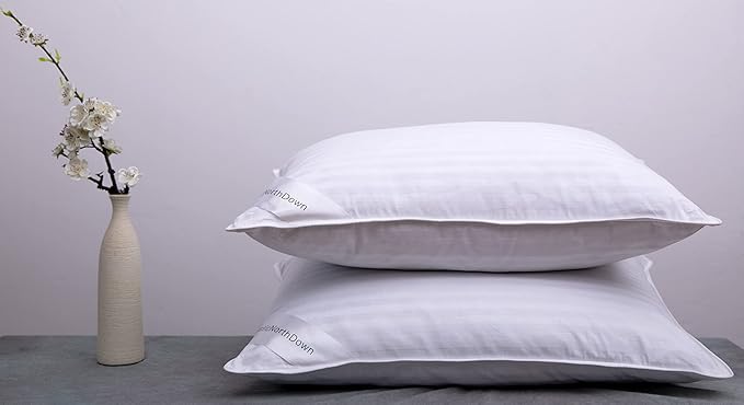 Goose Down Feather Hotel Collection Bed Pillows for Sleeping Pair Standard Pillows for Back, Stomach or Side Sleepers Stripe White Color Set of 2 Pillows