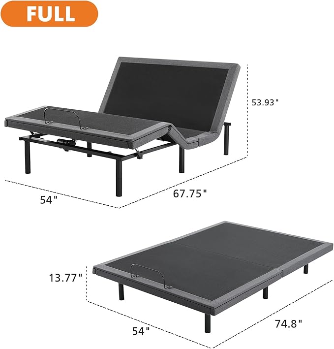 Sweetcrispy Full Adjustable Bed Frame, Ergonomic Electric Base with Wireless Remote and 2 USB Ports, Head and Foot Incline, Zero Gravity, Anti-Snore, Easy Assembly
