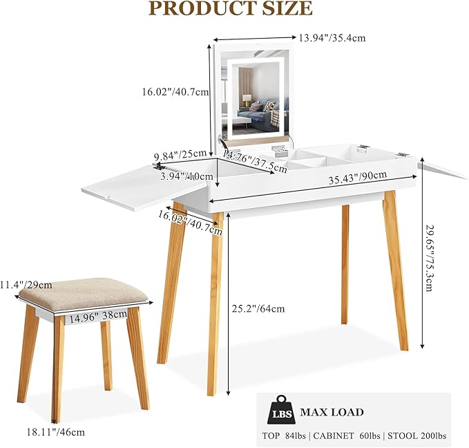 Small Vanity Desk, Flip Top Makeup Vanity, Makeup Vanity Desk with Mirror & LED Light, Power Outlet, Compact Dressing Table with Cushioning Stool, Vanity Desk Set for Kids, White