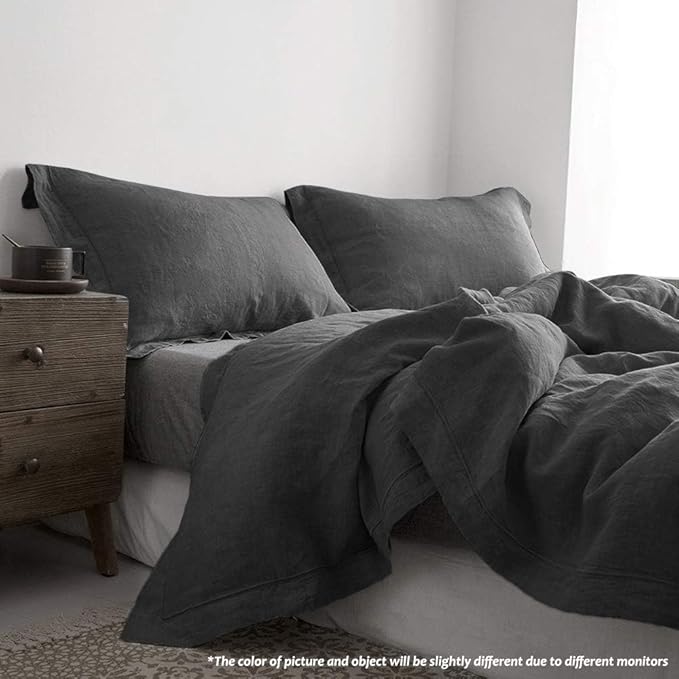 Simple&Opulence 100% Linen Duvet Cover Set with Embroidery Washed - 3 Pieces (1 Duvet Cover with 2 Pillow Shams) with Button Closure Soft Breathable Farmhouse - Dark Grey, King Size
