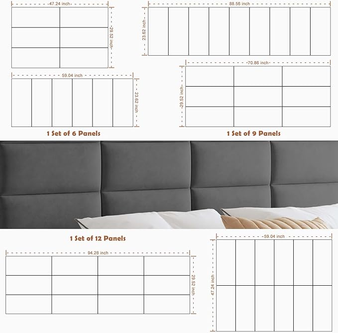 IFNOW Wall Mounted Upholstered Headboard, 3D Peel and Stick Soundproof Wall Panels, Reusable Padded Leather Bed Headboard, 6 Panels 9.84" x 23.62", Dark Grey