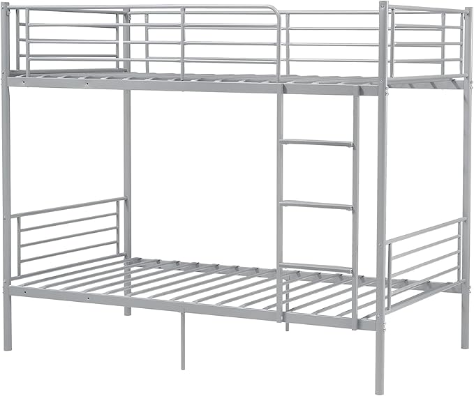 Bonnlo Metal Bunk Bed Twin Over Twin Bed Frames for Kids Bunk Beds with Flat Ladder Rungs, Heavy Duty Bunk Beds for Kids/Teens/Adults, Double Twin Bed with Metal Slats and Heighten Guardrails, Gray