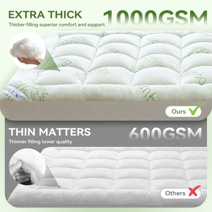 BDEUS Twin XL Mattress Topper Viscose Derived from Bamboo, 100% Waterproof Thick Pillow Top Mattress Pad for Back Pain Relief, Naturally Cooling for Hot Sleepers, Green