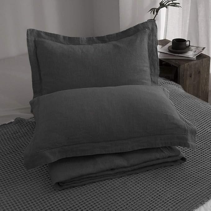 Simple&Opulence 100% Linen Duvet Cover Set with Embroidery Border Washed - 3 Pieces (1 Duvet Cover with 2 Pillow Shams) with Button Closure Soft Breathable Farmhouse - Dark Grey, Queen Size