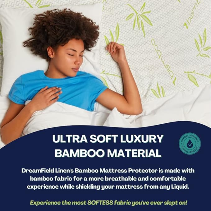 Bamboo Mattress Protector with Zipper - 100% Waterproof Queen Size Cooling Mattress Cover - Ultra Soft Jacquard Fabric Breathable Noiseless Mattress Pad Covers - Zippered Mattress Encasement