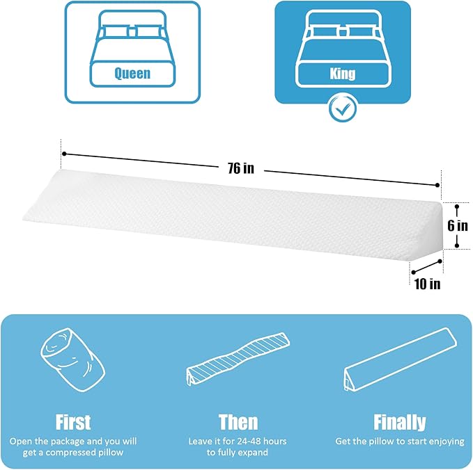 MEGCXIT King Bed Wedge Pillow for Headboard, 76"x10"x6", Bed Gap Filler, Headboard Pillow, Anti-Slip Gap Pillow, Air-Layer White, High Density Foam