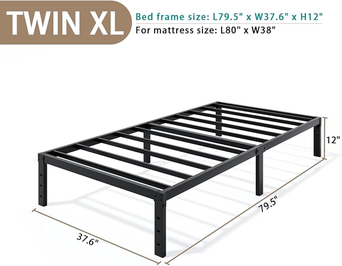 LUMUNANCE Metal Bed Frame Twin XL Size - 12 Inch Heavy-Duty Twin XL Platform Bed Frame No Box Spring Needed, Easy Assembly, Noise-Free, Sturdy Mattress Foundation, Underbed Storage Space