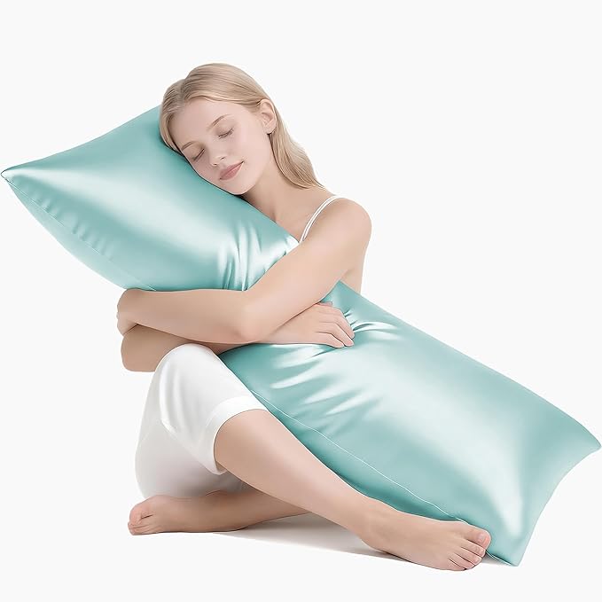 MR&HM Satin Body Pillow Cover, Soft and Breathable Body Pillow Case with Envelope Closure, Cooling and Silky Long Pillowcase for Hair and Skin,Grey (20x54, Turquoise)