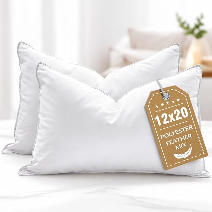 BHZ 12x20 Pillow Inserts Set of 2, Down Feather Throw Pillow Inserts, Decorative Soft Rectangle White Throw Lumber Pillows Insert for Couch Bed Dorm Sofa with Cover