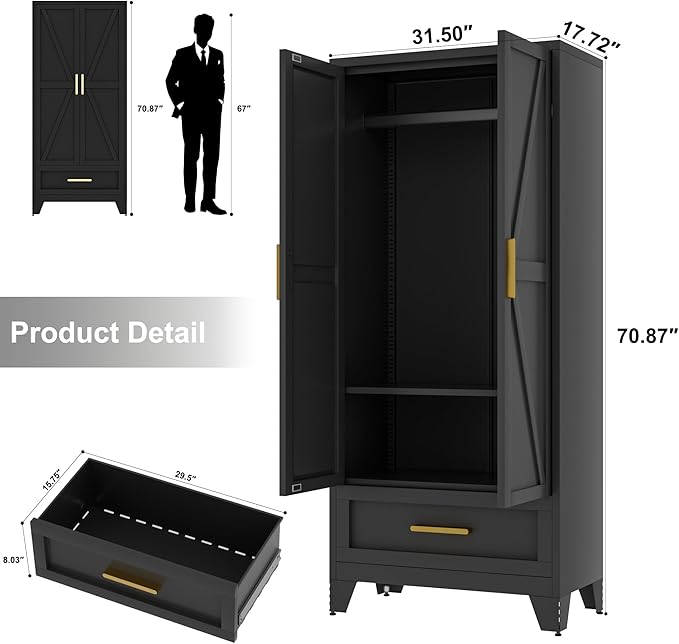 Baborokic Metal Wardrobe Cabinet,71 Armoire Wardrobe Closet with Drawers and Hanging Rod,Metal Armoire with Adjustable Shelves for Closet,Bedroom,Farmhouse Storage Cabinet with Drawer(Black)