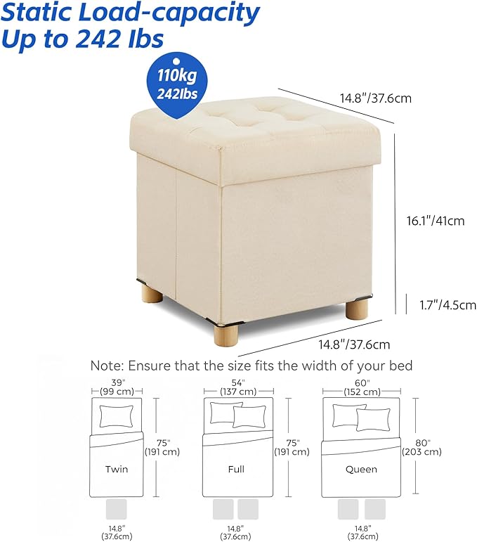 BRIAN & DANY Ottoman with Storage, Square Small Storage Ottoman Foot Rest with Legs, Ottomans Foot Stool for Dorm, Living Room, Entryway 14.8" X 14.8" X 17.8" (Beige)