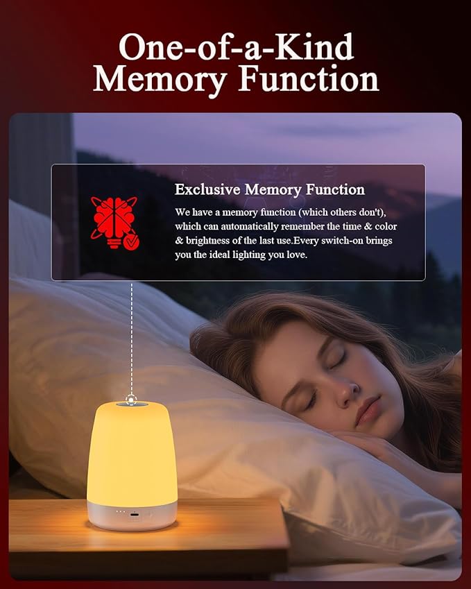 Red Light Night Light for Bedroom - 670nm Sleep-Enhancing Lamp, 2 Color Mode, 3 Brightness Level, Touch Control, 2H Timer, Memory Function, USB Charging, Sleep Christmas Gift for Adults&Kids