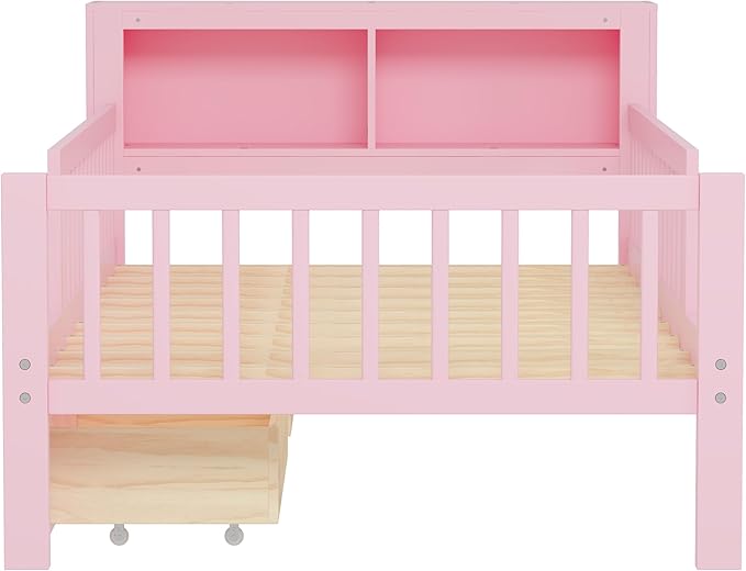 Bellemave Twin Bed Frames with Rails for Kids, Twin Bed Frame with Storage Drawers and Headboard Storage Rack for Kids，Pink