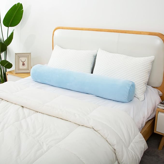 1 MIDDLE ONE Bolster Pillow for Bed, Long Round Body Pillow for Adults with Removable Velvet Cover, Decorative Tube Roll Cylinder Pillow, 47 x 7.87 Inch, Light Blue
