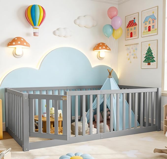 Bellemave Twin Size Montessori Floor Bed with 23.5" High Rails, Pine,Plywood Floor Bed with Small Door, Grey