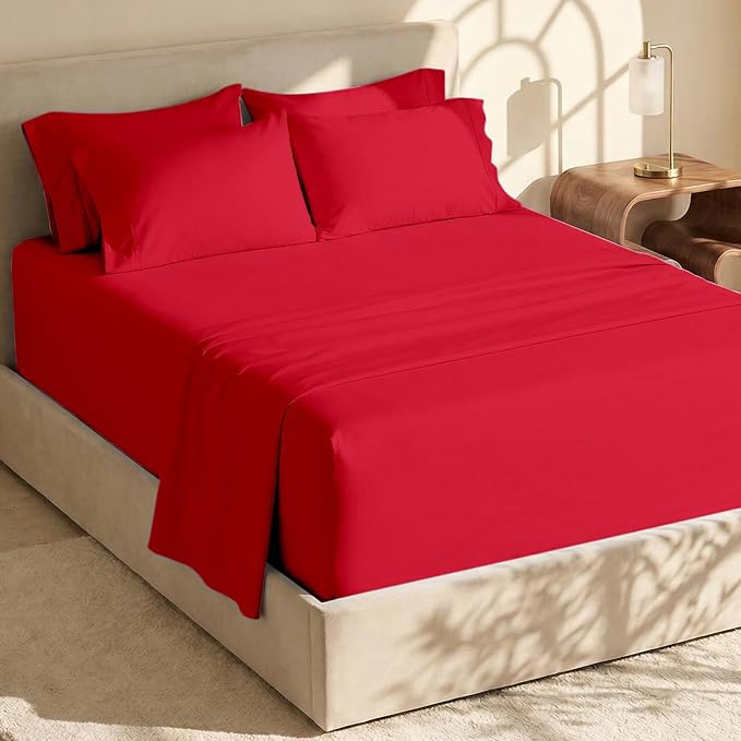 Hearth & Harbor Extra Deep Pocket Sheets - Fits Mattress 18-24 Inches Deep - Extra Deep Pocket Split King Size Sets - 7 Piece Split King Size - Cherry Red