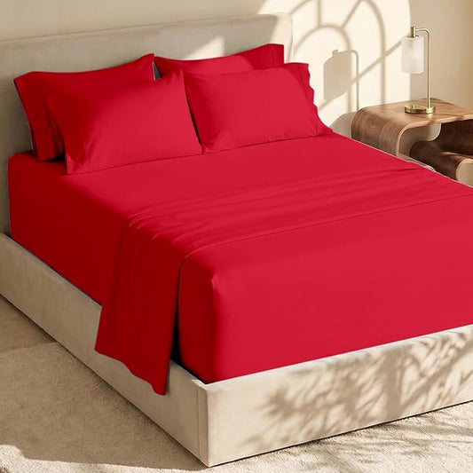 Hearth & Harbor Extra Deep Pocket Sheets - Fits Mattress 18-24 Inches Deep - Extra Deep Pocket Twin Sheets Sets - 4 Piece Twin Size - Cherry Red