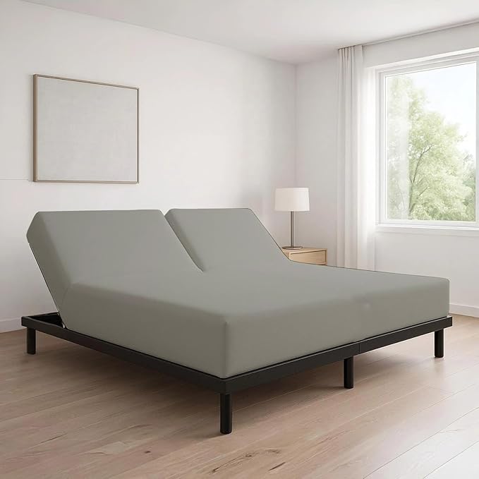 Cottingon 1 Piece Top Split King Fitted Sheet Only for Adjustable beds, Premium 100% Egyptian Cotton, 34 Inches Half Split Flex Head Bottom Sheet for Sleep Number Beds 16" Deep Mattress, Light Grey